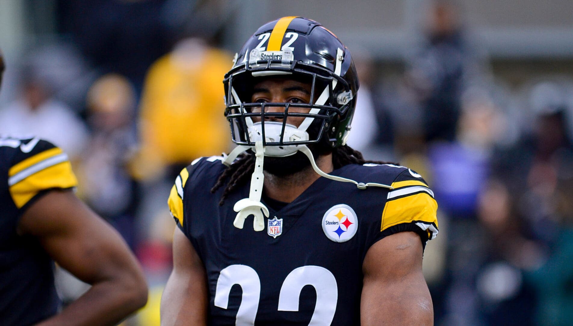 Najee Harris of the Pittsburgh Steelers looks on during the first