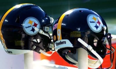 Two Steelers helmets at Charlotte's Bank of America Stadium on Dec. 18, 2022. (Mitchell Northam / Steelers Now)