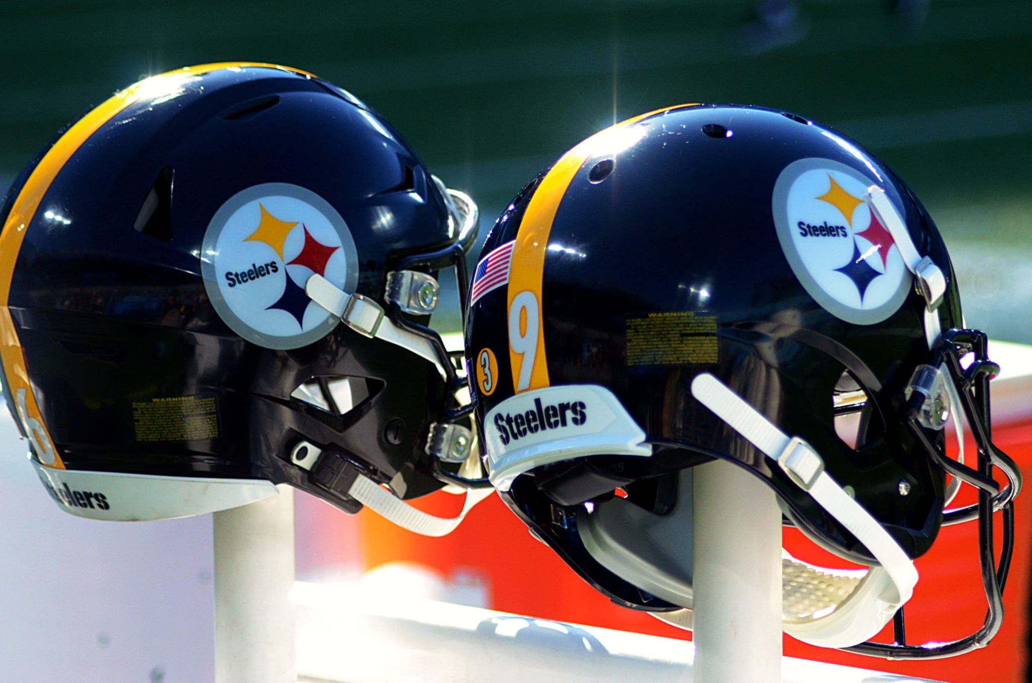 Two Steelers helmets at Charlotte's Bank of America Stadium on Dec. 18, 2022. (Mitchell Northam / Steelers Now)
