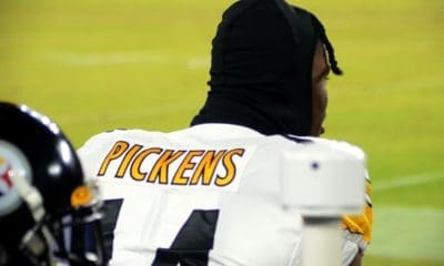 George Pickens looks on as the Steelers face the Ravens on Jan. 1, 2022 in Baltimore. (Mitchell Northam / Steelers Now)