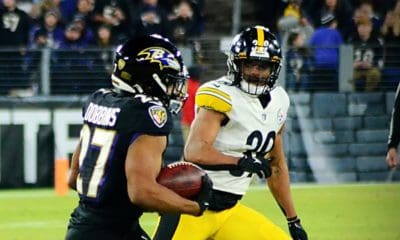 Minkah Fitzpatrick JK Dobbins looks for space as the Steelers face the Ravens on Jan. 1, 2022 in Baltimore. (Mitchell Northam / Steelers Now)
