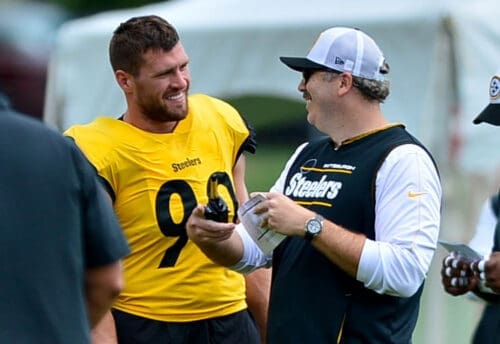 Steelers outside linebacker T.J. Watt and Steelers offensive coordinator Arthur Smith