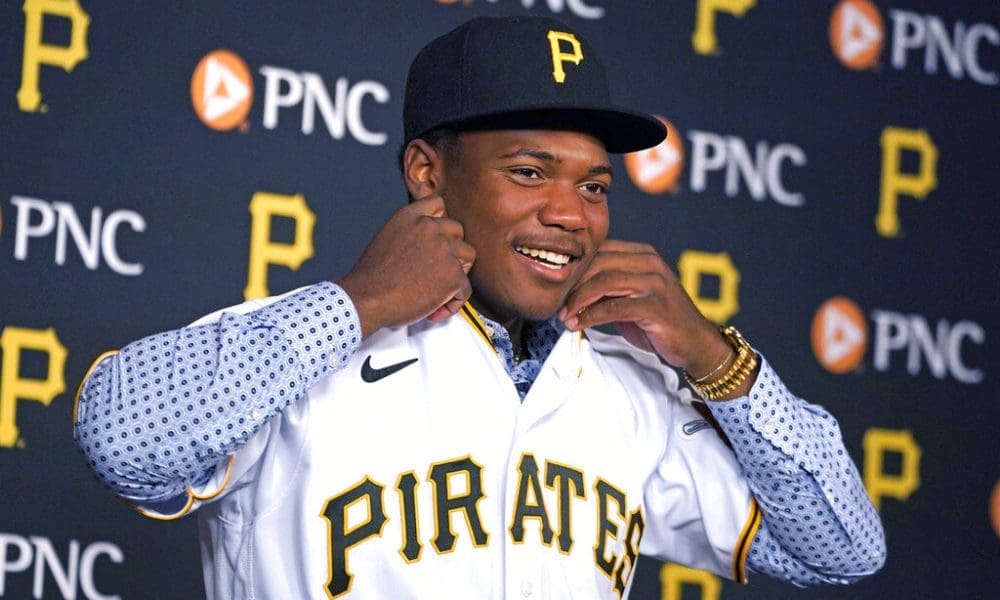 Pittsburgh Pirates first-round draft selection Termarr Johnson meets with reporters after signing his contract with the team, before a baseball game between the Pirates and the Philadelphia Phillies in Pittsburgh, Friday, July 29, 2022.(AP Photo/Gene J. Puskar)