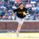 Pittsburgh Pirates' Jason Delay runs to first base after singling on a line drive during the sixth inning of a baseball game against the New York Mets, Sunday, Sept. 18, 2022, in New York. (AP Photo/Julia Nikhinson)