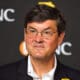 Bob Nutting, owner of the Pittsburgh Pirates of Major League Baseball, listens to a question from the media after signing third baseman Ke'Bryan Hayes to an eight-year contract extension through the 2029 season with a club option for 2030, before the home season opening baseball game against the Chicago Cubs in Pittsburgh, April 12, 2022. (AP Photo/Gene J. Puskar)