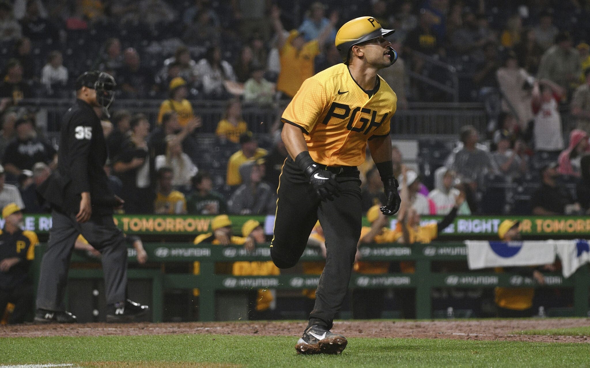 Pittsburgh Pirates' Nick Gonzales watches his first career home run, against the San Diego Padres during the seventh inning of a baseball game Tuesday, June 27, 2023, in Pittsburgh. (AP Photo/Justin Berl)