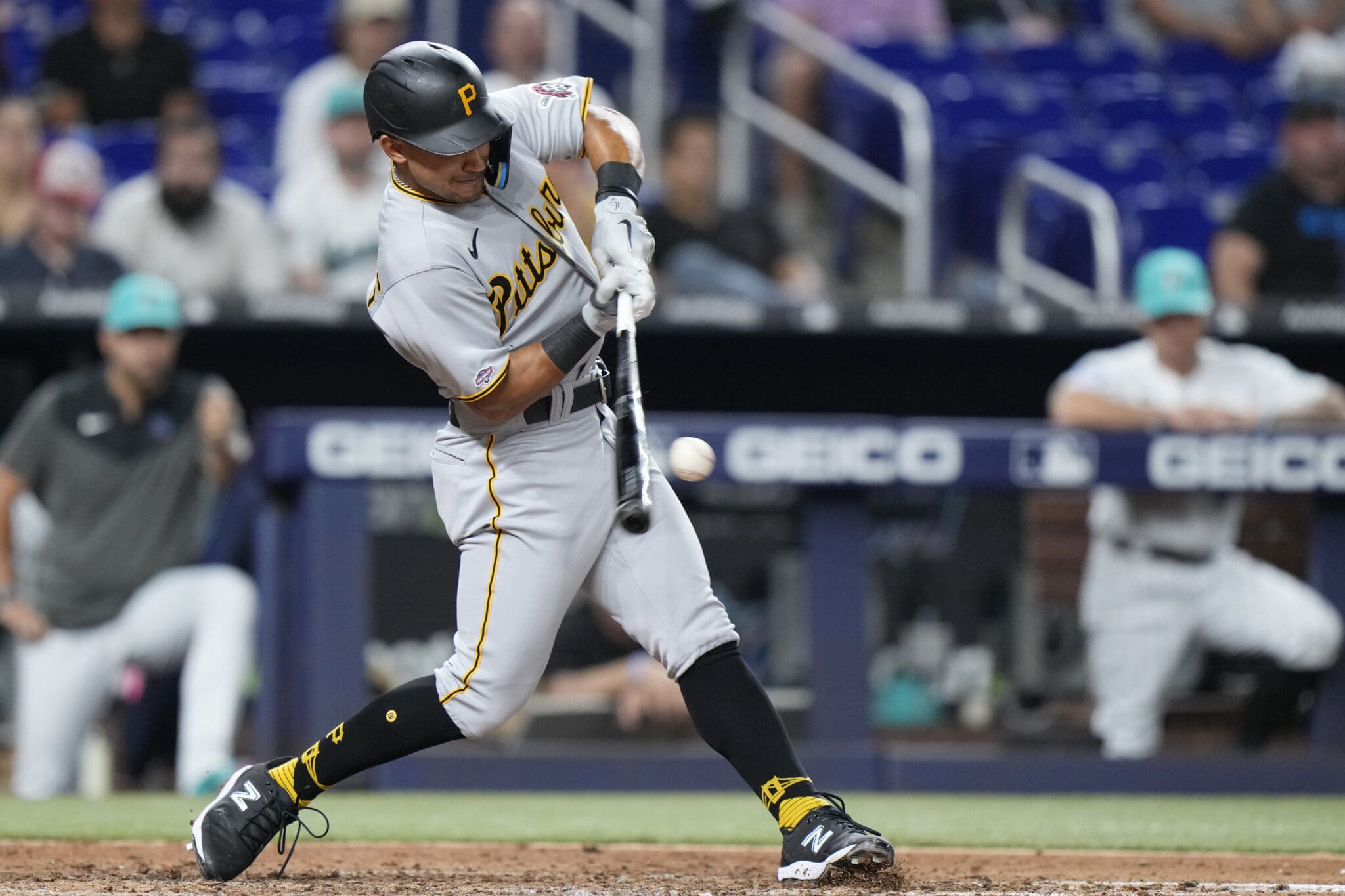 Pittsburgh Pirates' Nick Gonzalez bats during the eighth inning of a baseball game against the Miami Marlins, Friday, June 23, 2023, in Miami. The Pirates called up another first-round draft pick, selecting touted infielder Gonzales from Triple-A Indianapolis. Gonzales made his major league debut Friday night, starting at second base and batting seventh against the Marlins. (AP Photo/Wilfredo Lee)