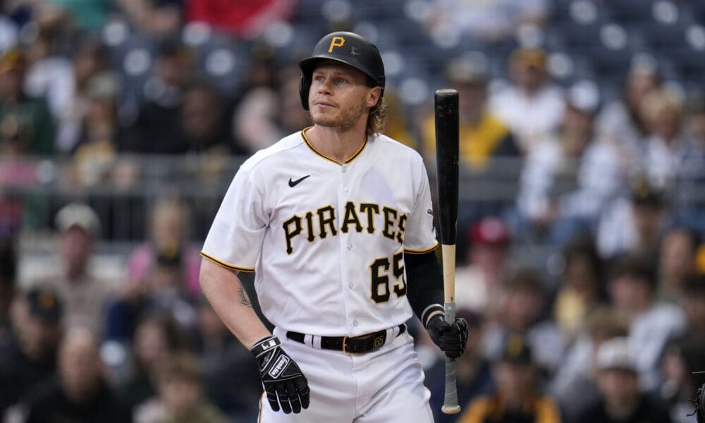 Pittsburgh Pirates' Jack Suwinski bats during the first inning of a baseball game against the Arizona Diamondbacks in Pittsburgh, Saturday, May 20, 2023. (AP Photo/Gene J. Puskar)