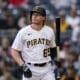 Pittsburgh Pirates' Jack Suwinski bats during the first inning of a baseball game against the Arizona Diamondbacks in Pittsburgh, Saturday, May 20, 2023. (AP Photo/Gene J. Puskar)