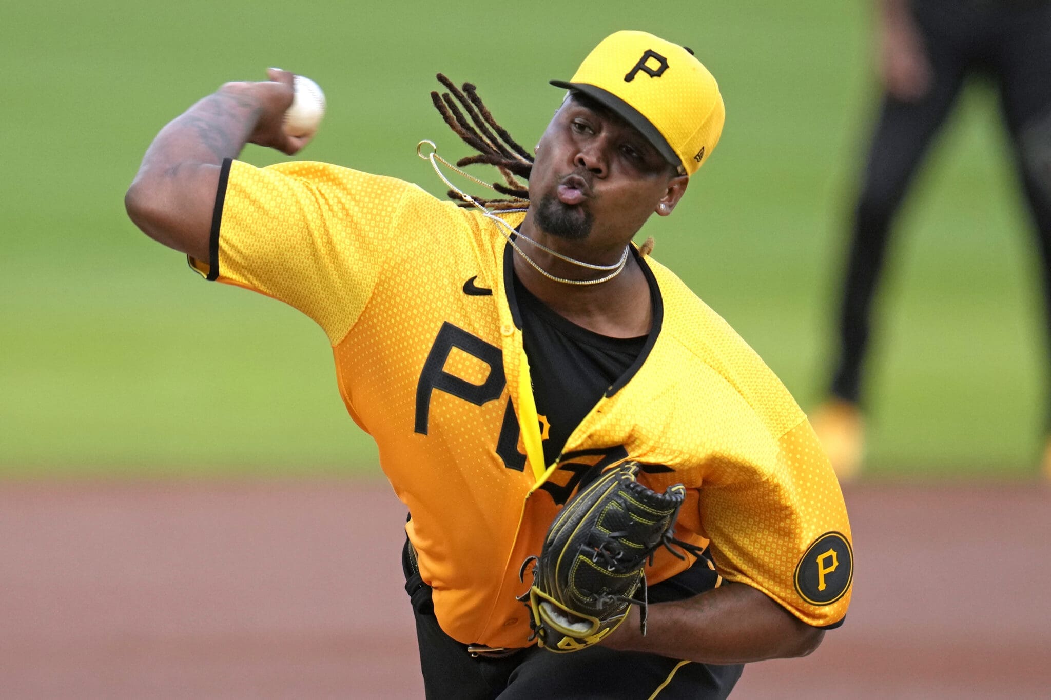 Pittsburgh Pirates starting pitcher Luis Ortiz delivers a pitch during the first inning of the team's baseball game against the New York Yankees in Pittsburgh, Saturday, Sept. 16, 2023. (AP Photo/Gene J. Puskar)