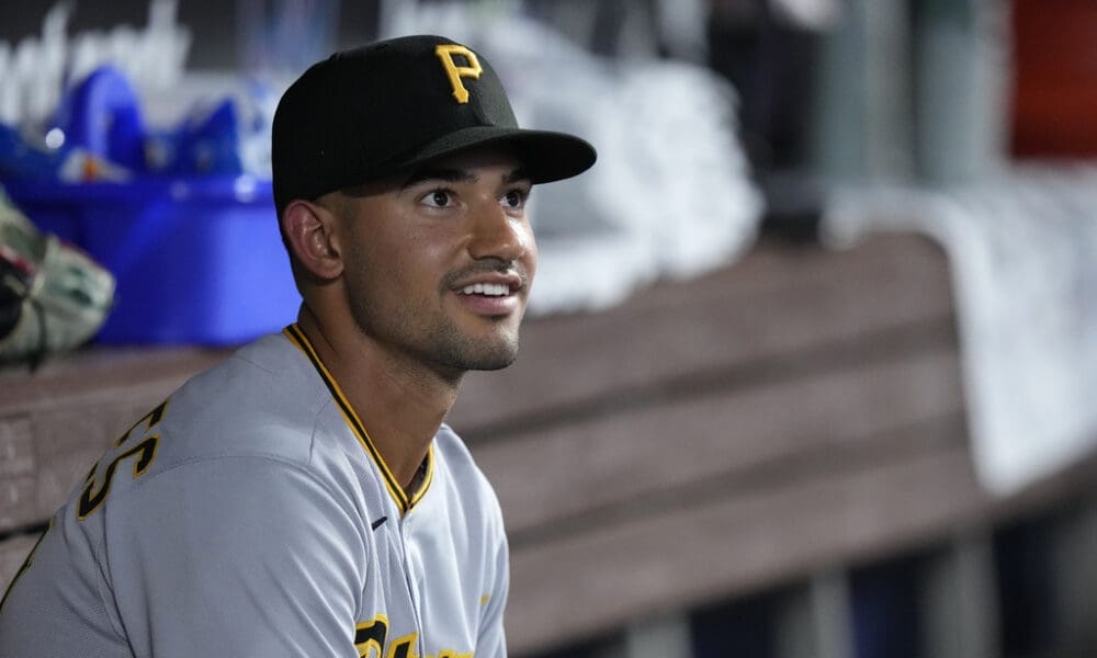 Pittsburgh Pirates second baseman Nick Gonzales looks out of the dugout before the start of a baseball game against the Miami Marlins, Friday, June 23, 2023, in Miami. (AP Photo/Wilfredo Lee)