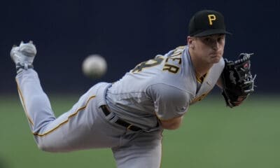 Pittsburgh Pirates starting pitcher Quinn Priester works against a San Diego Padres batter during the first inning of a baseball game Monday, July 24, 2023, in San Diego. (AP Photo/Gregory Bull)