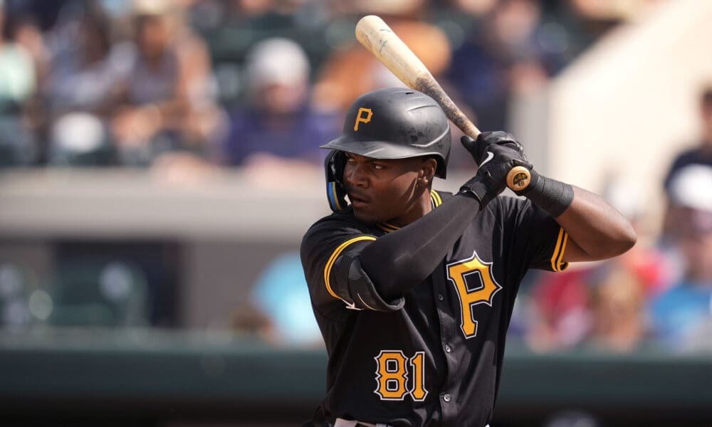 Pittsburgh Pirates second baseman Termarr Johnson bats during the seventh inning of a spring training baseball game against the Detroit Tigers Saturday, March 9, 2024, in Lakeland, Fla. (AP Photo/Charlie Neibergall)