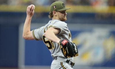 Milwaukee Brewers starting pitcher Eric Lauer (52) against the Tampa Bay Rays during the first inning of a baseball game Saturday, May 20, 2023, in St. Petersburg, Fla. (AP Photo/Chris O'Meara)