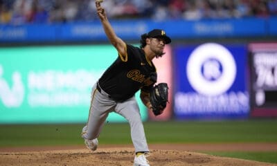 Pittsburgh Pirates Jared Jones pitches during the first inning of a baseball game against the Philadelphia Phillies, Thursday, April 11, 2024, in Philadelphia. (AP Photo/Matt Rourke)