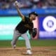 Pittsburgh Pirates Jared Jones pitches during the first inning of a baseball game against the Philadelphia Phillies, Thursday, April 11, 2024, in Philadelphia. (AP Photo/Matt Rourke)