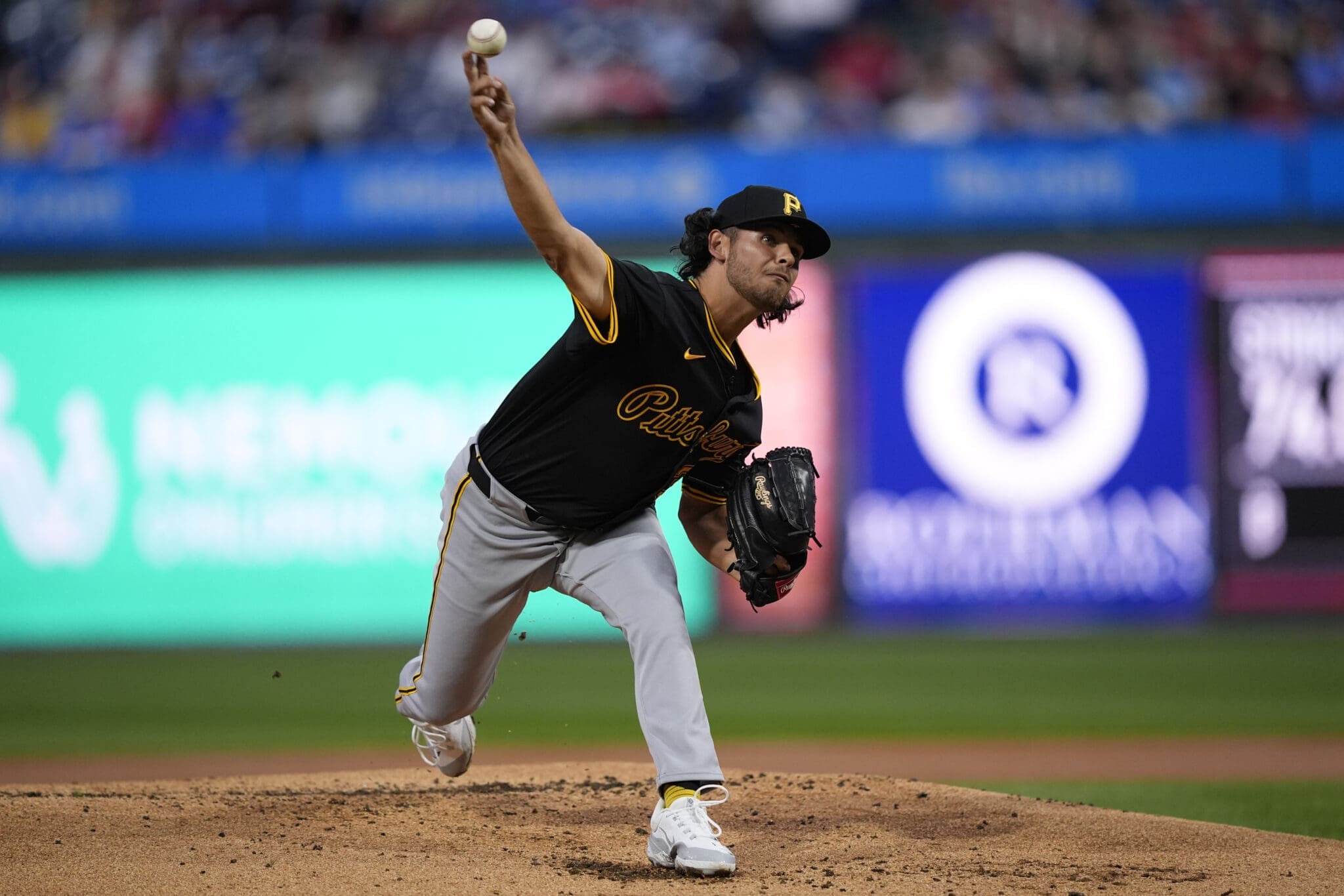 Pittsburgh Pirates Jared Jones pitches during the first inning of a baseball game against the Philadelphia Phillies, Thursday, April 11, 2024, in Philadelphia. (AP Photo/Matt Rourke)