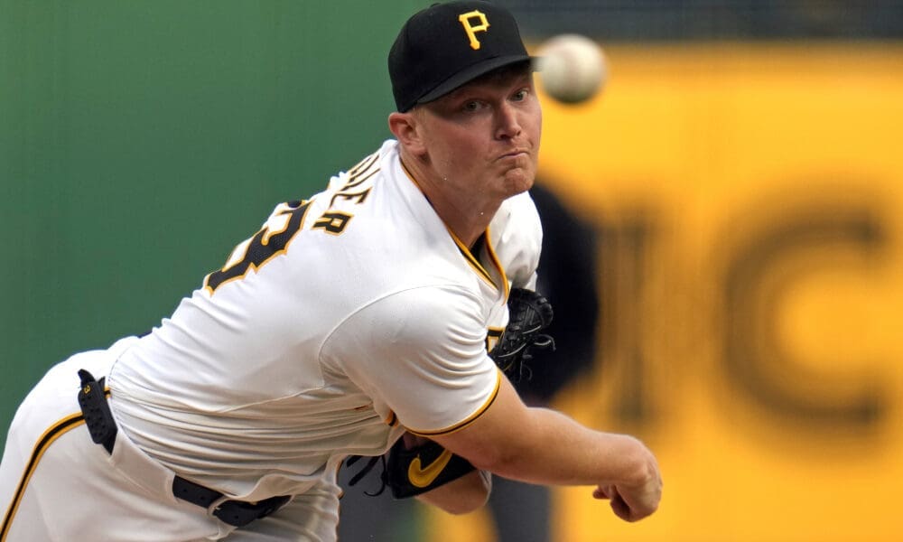 Pittsburgh Pirates starting pitcher Mitch Keller delivers during the first inning of the team's baseball game against the Detroit Tigers in Pittsburgh, Monday, April 8, 2024. (AP Photo/Gene J. Puskar)