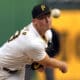 Pittsburgh Pirates starting pitcher Mitch Keller delivers during the first inning of the team's baseball game against the Detroit Tigers in Pittsburgh, Monday, April 8, 2024. (AP Photo/Gene J. Puskar)