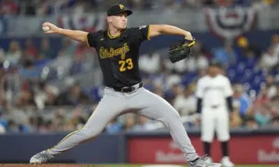 Pittsburgh Pirates' Mitch Keller delivers a pitch during the first inning of a baseball game against the Miami Marlins, Thursday, March 28, 2024, in Miami. (AP Photo/Wilfredo Lee)