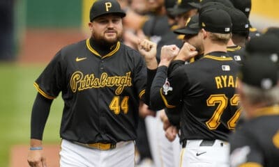 Pittsburgh Pirates' Rowdy Tellez (44) is introduced before the Pirates' home opener baseball game against the Baltimore Orioles in Pittsburgh, Friday, April 5, 2024. (AP Photo/Gene J. Puskar)