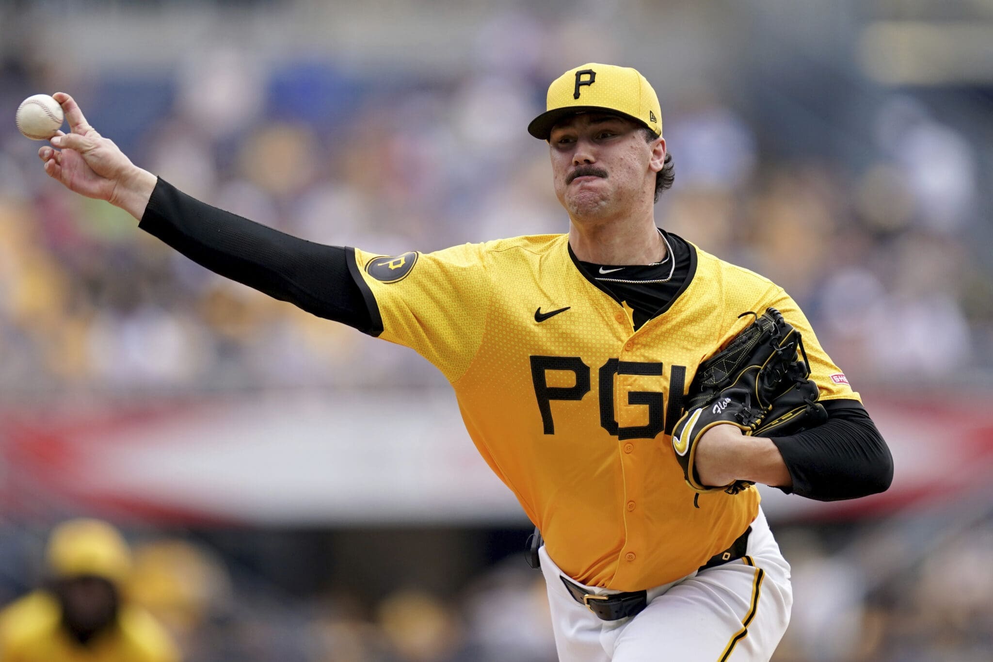 Pittsburgh Pirates starting pitcher Paul Skenes delivers during the second inning of a baseball game against the Tampa Bay Rays, Sunday, June 23, 2024, in Pittsburgh. (AP Photo/Matt Freed)