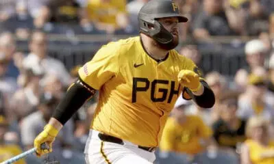 Pittsburgh Pirates' Rowdy Tellez watches his RBI single during the third inning of a baseball game against the Tampa Bay Rays, Saturday, June 22, 2024, in Pittsburgh. (AP Photo/Matt Freed)