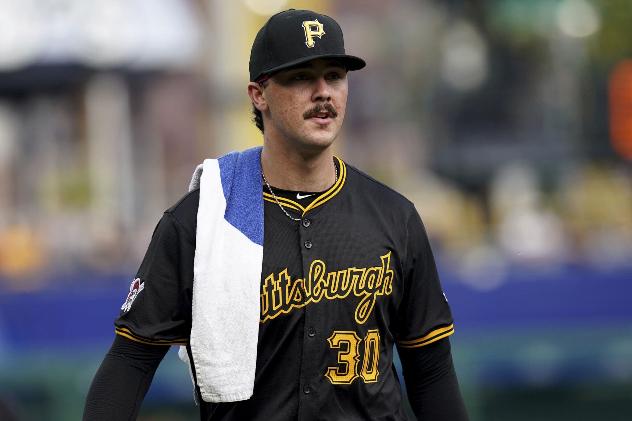 Pittsburgh Pirates pitcher Paul Skenes heads to the dugout before a baseball game against the St. Louis Cardinals Tuesday, July 23, 2024, in Pittsburgh. (AP Photo/Matt Freed)