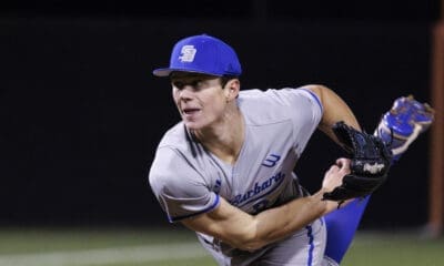 Future Pirates pick and UC Santa Barbara's Matt Ager (34) pitches during an NCAA Baseball game on Friday, Feb. 16, 2024, in Buies Creek, N.C. (AP Photo/Ben McKeown)