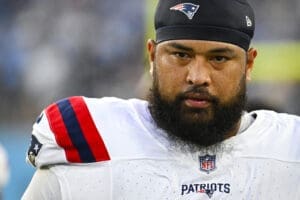 New England Patriots defensive tackle Daniel Ekuale (95) during an NFL preseason football game against the Tennessee Titans Saturday, Aug. 26, 2023, in Nashville, Tenn. (AP Photo/John Amis)