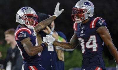 New England Patriots WR Kendrick Bourne celebrates scoring a touchdown in Week 1 against the Philadelphia Eagles.