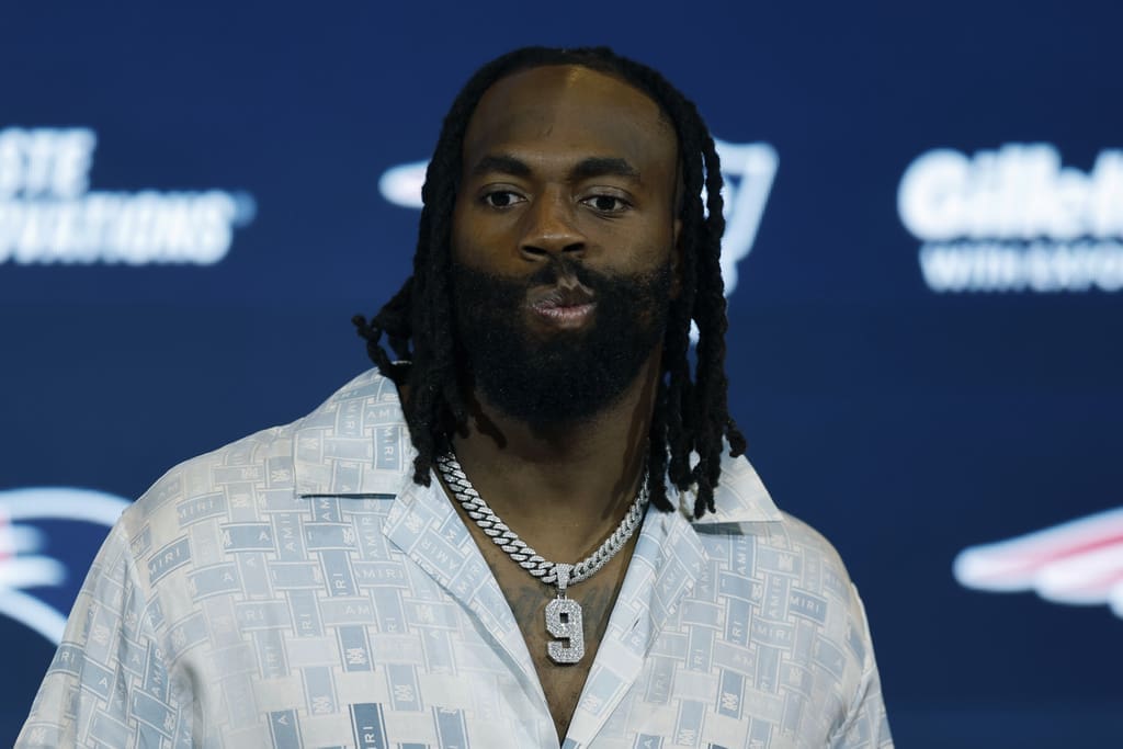 New England Patriots linebacker Matthew Judon faces reporters following an NFL football game against the Philadelphia Eagles, Sunday, Sept. 10, 2023, in Foxborough, Mass. (AP Photo/Michael Dwyer)