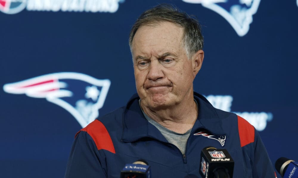 New England Patriots coach Bill Belichick looking unhappy.