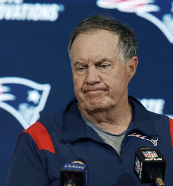 New England Patriots coach Bill Belichick looking unhappy.