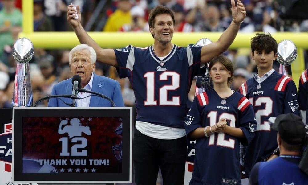 New England Patriots honor Tom Brady, shown with Patriots owner Robert Kraft, at halftime of their Week 1 game against the Philadelphia Eagles.