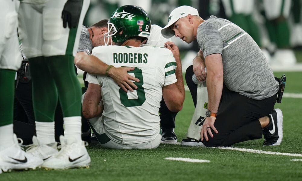 Aaron Rodgers of the New York Jets tore his ACL on Monday Night Football against the Buffalo Bills