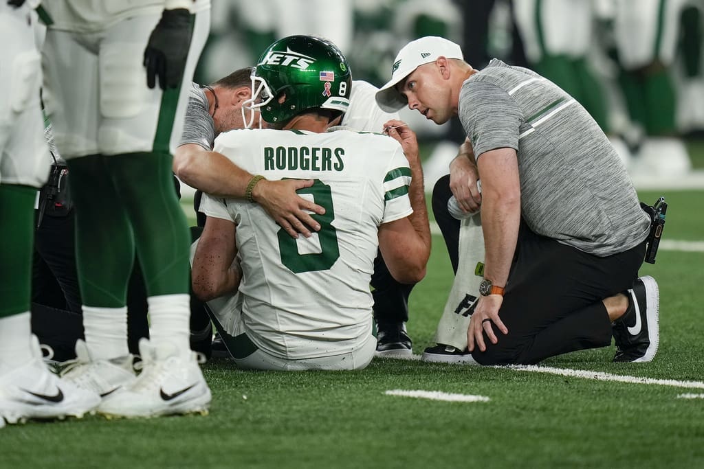 Aaron Rodgers of the New York Jets tore his ACL on Monday Night Football against the Buffalo Bills