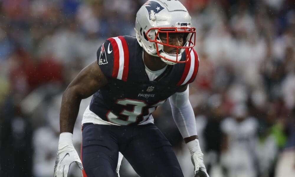 New England Patriots cornerback Jonathan Jones plays against the Philadelphia Eagles during the first half of an NFL football game, Sunday, Sept. 10, 2023, in Foxborough, Mass. (AP Photo/Michael Dwyer)