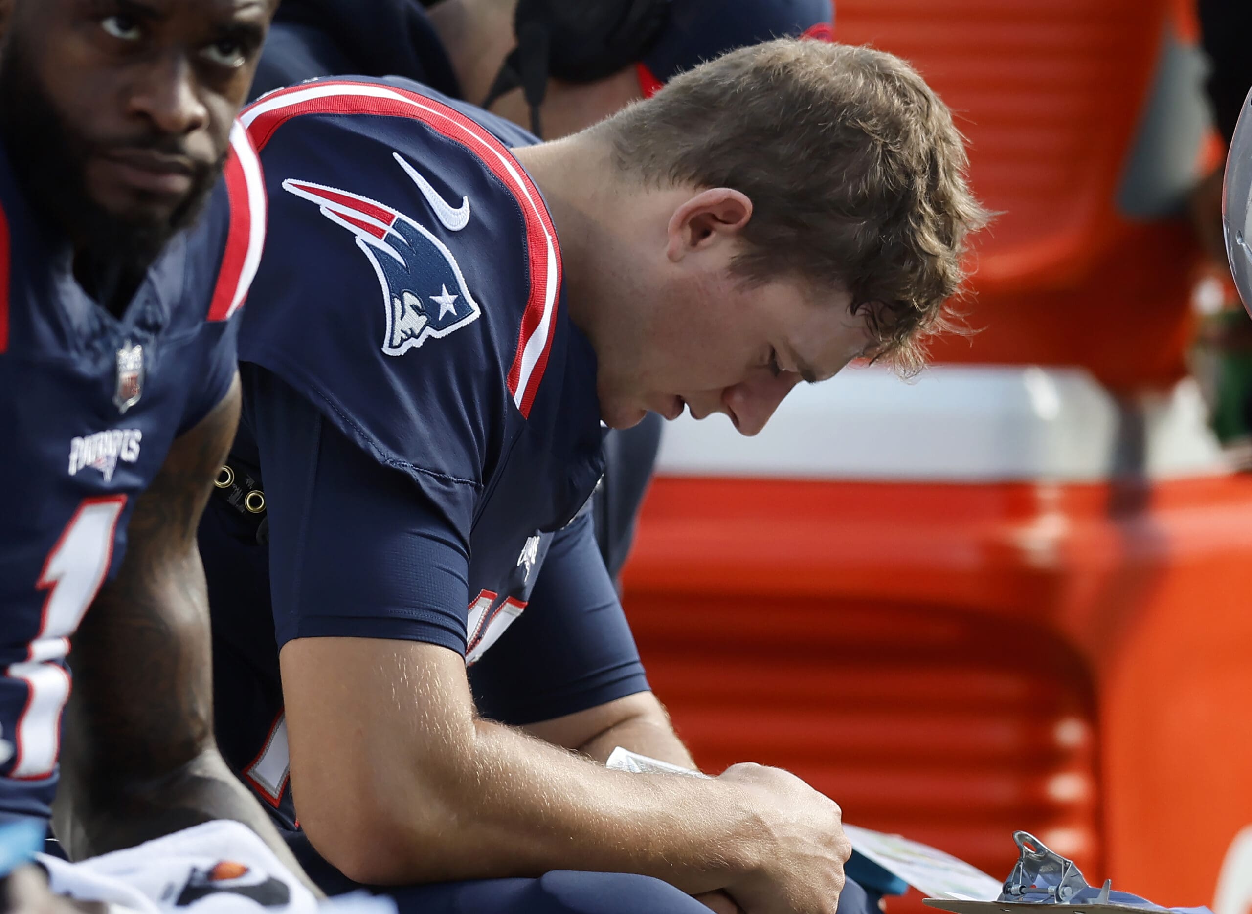 New England Patriots quarterback hangs his head during Sunday's loss to the New Orleans Saints