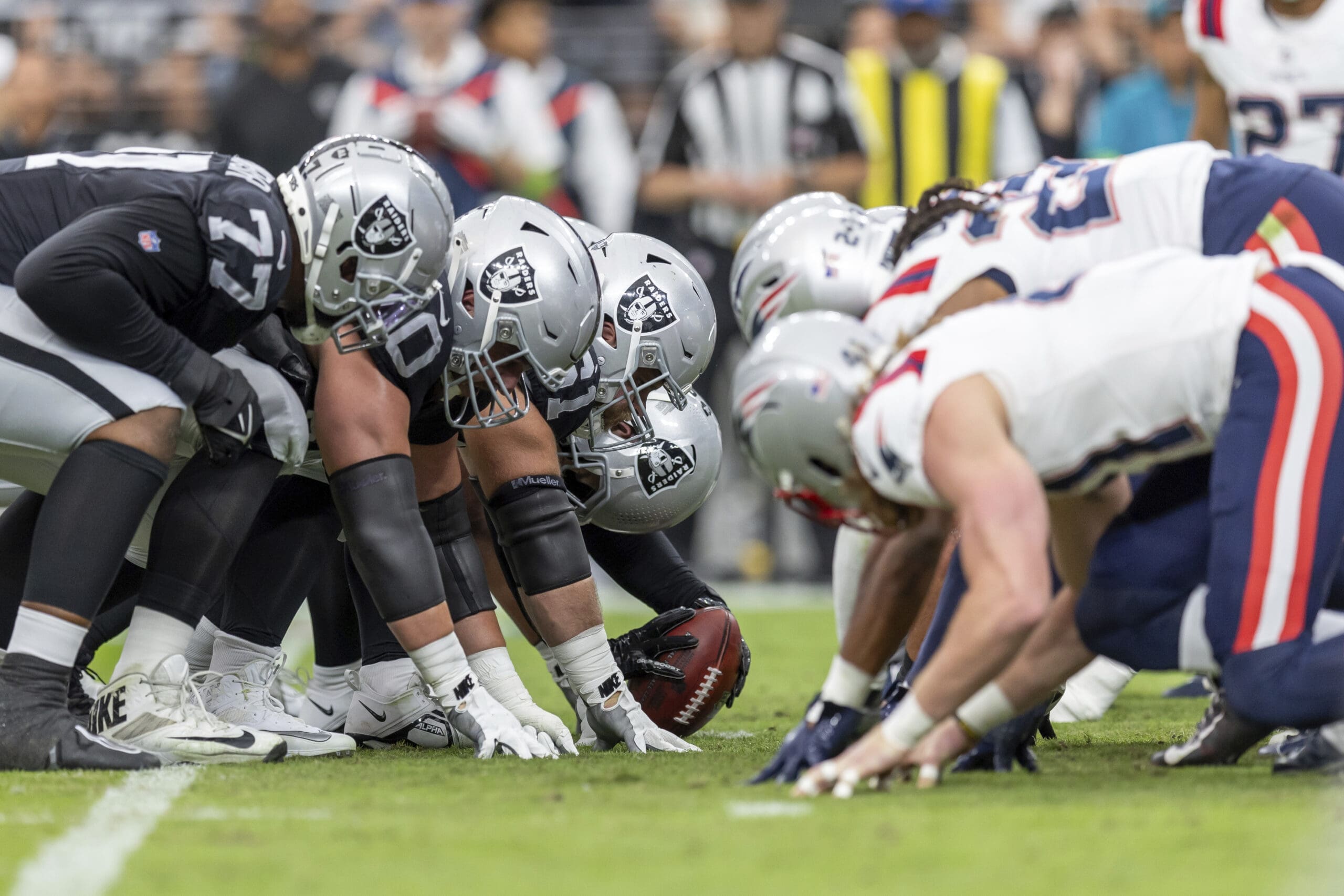 New England Patriots line up against the Las Vegas Raiders