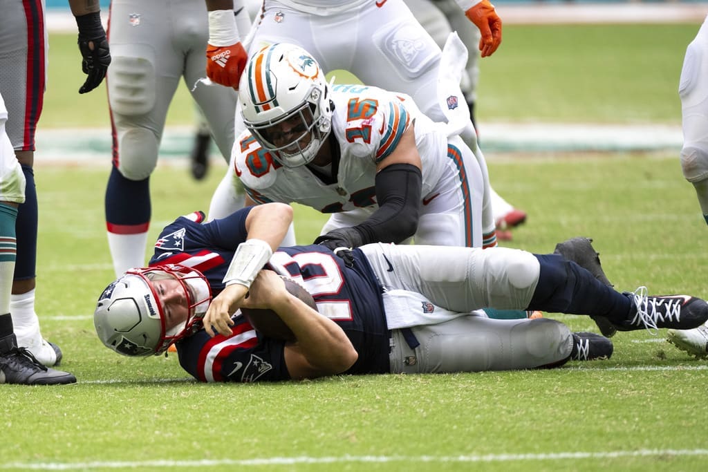 New England Patriots QB Mac Jones sacked by the Miami Dolphins