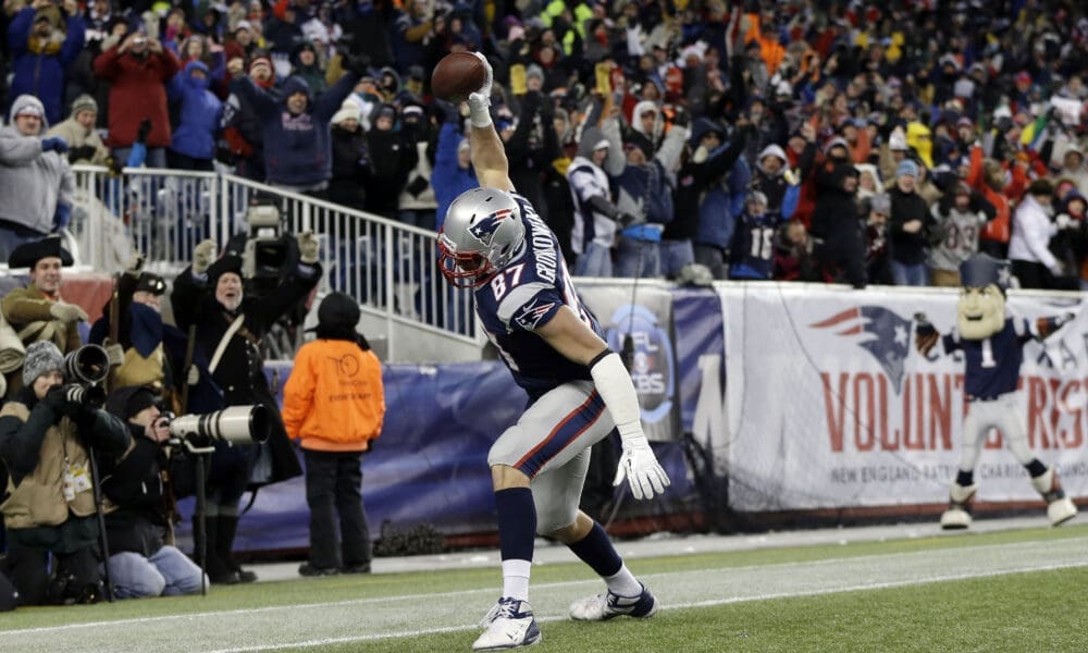 New England Patriots tight end Rob Gronkowski spikes the ball during a touchdown celebration