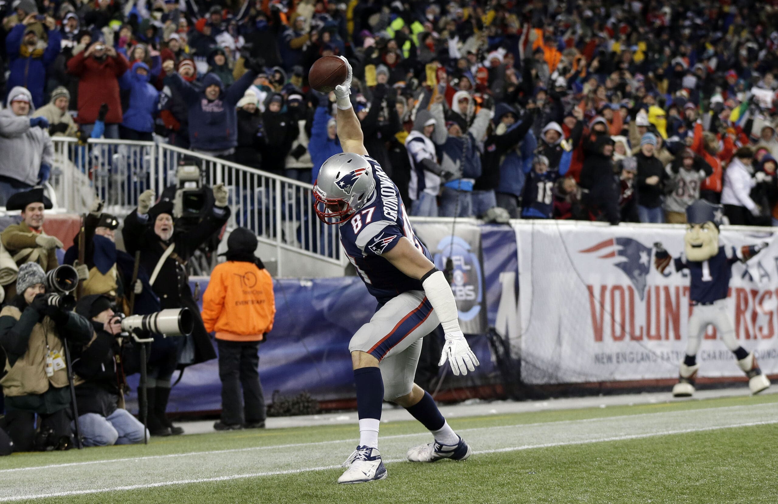 New England Patriots tight end Rob Gronkowski spikes the ball during a touchdown celebration