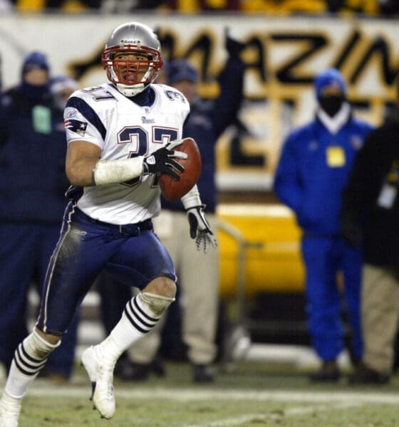 New England Patriots' Rodney Harrison returns an interception 87 yards for a touchdown in the second quarter of the AFC Championship game against the Pittsburgh Steelers Sunday, Jan. 23, 2005, in Pittsburgh. He is one of 25 semifinalists for the Pro Football Hall of Fame Class of 2024. (AP Photo/Stephan Savoia)