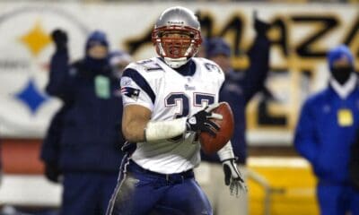 New England Patriots' Rodney Harrison returns an interception 87 yards for a touchdown in the second quarter of the AFC Championship game against the Pittsburgh Steelers Sunday, Jan. 23, 2005, in Pittsburgh. He is one of 25 semifinalists for the Pro Football Hall of Fame Class of 2024. (AP Photo/Stephan Savoia)