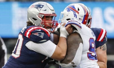 New England Patriots center David Andrews blocks against the Buffalo Bills during the second half of an NFL football game, Sunday, Oct. 22, 2023, in Foxborough, Mass. (AP Photo/Winslow Townson)