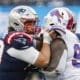 New England Patriots center David Andrews blocks against the Buffalo Bills during the second half of an NFL football game, Sunday, Oct. 22, 2023, in Foxborough, Mass. (AP Photo/Winslow Townson)