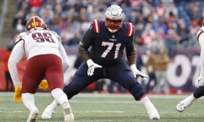 New England Patriots guard Mike Onwenu blocks against the Washington Commanders during an NFL football game at Gillette Stadium, Sunday Nov. 5, 2023 in Foxborough, Mass. (Winslow Townson/AP Images for Panini)