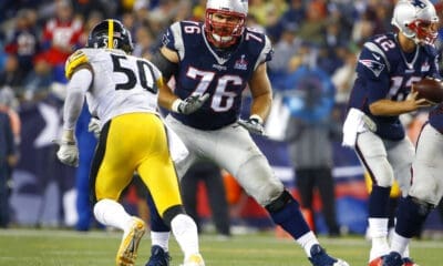 New England Patriots tackle Sebastian Vollmer (76) in the second half of an NFL football game against the Pittsburgh Steelers Thursday, Sept. 10, 2015, in Foxborough, Mass. (AP Photo/Winslow Townson)