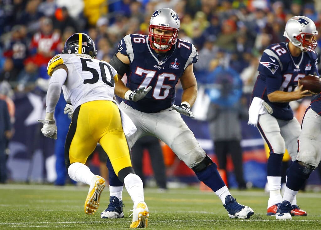 New England Patriots tackle Sebastian Vollmer (76) in the second half of an NFL football game against the Pittsburgh Steelers Thursday, Sept. 10, 2015, in Foxborough, Mass. (AP Photo/Winslow Townson)